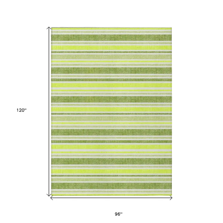 8' X 10' Green and Yellow Striped Washable Non Skid Indoor Outdoor Area Rug