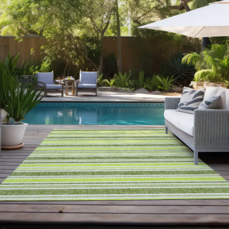 9' X 12' Green and Yellow Striped Washable Indoor Outdoor Area Rug