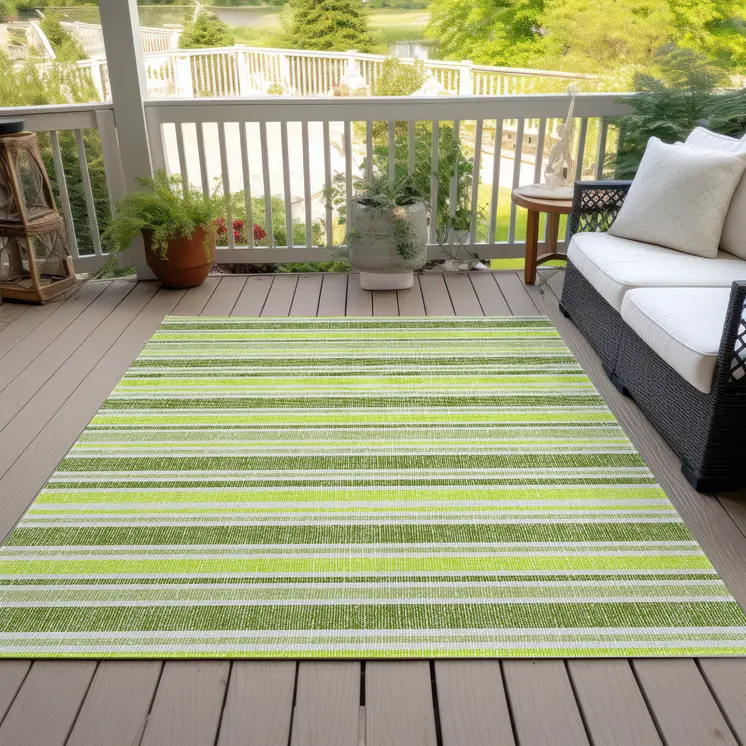 10' X 14' Green and Yellow Striped Washable Non Skid Indoor Outdoor Area Rug