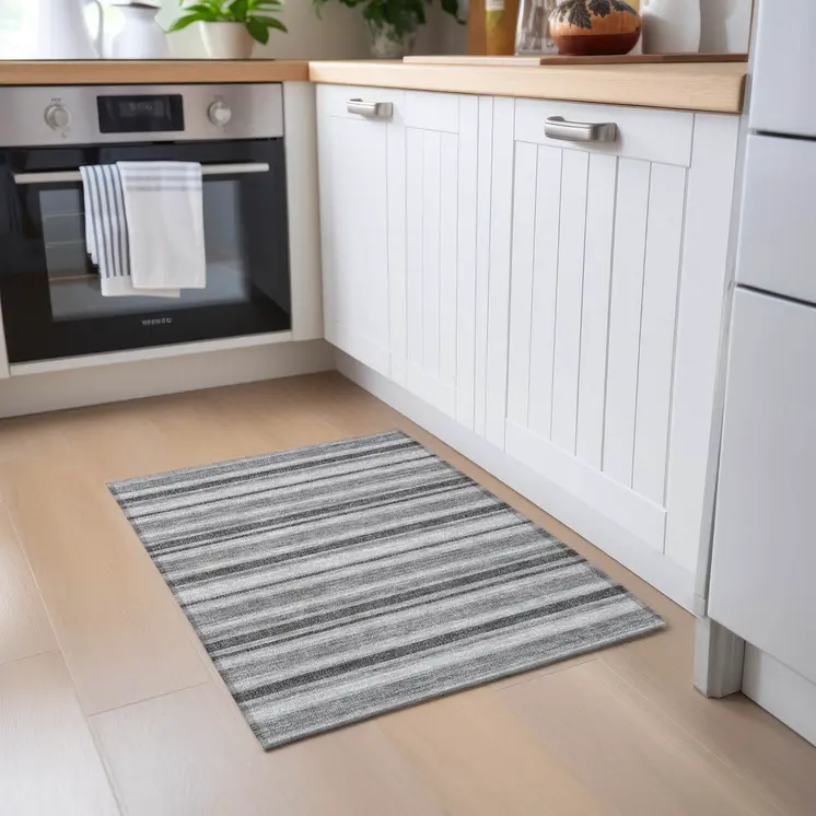 2' X 3' Gray and Black Striped Washable Indoor Outdoor Area Rug