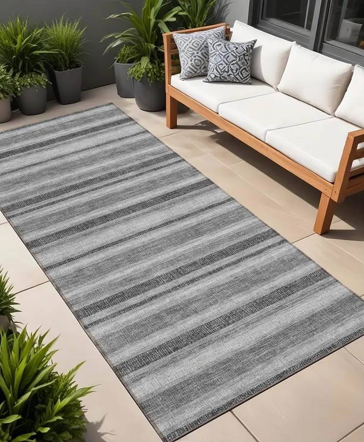 2' X 8' Gray and Black Striped Washable Indoor Outdoor Runner Rug