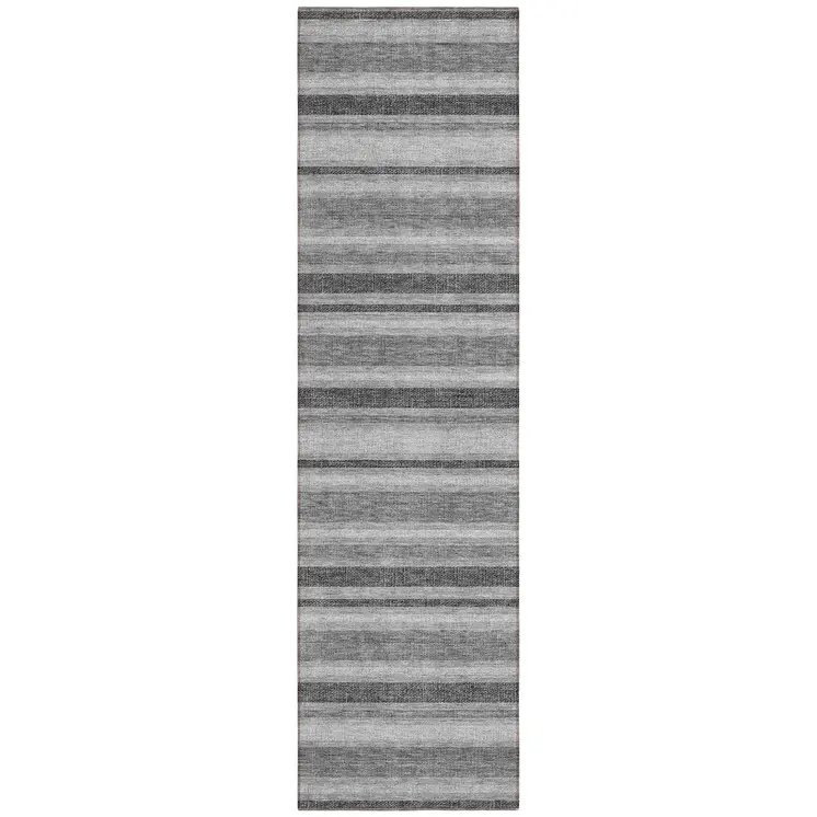 2' X 8' Gray and Black Striped Washable Indoor Outdoor Runner Rug