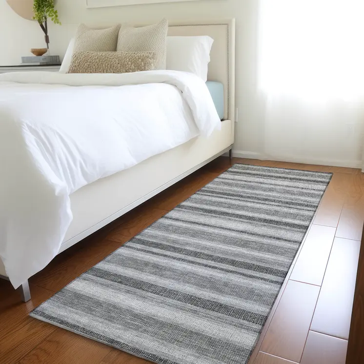 2' X 8' Gray and Black Striped Washable Indoor Outdoor Runner Rug