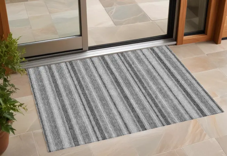 3' X 5' Gray and Black Striped Washable Non Skid Indoor Outdoor Area Rug