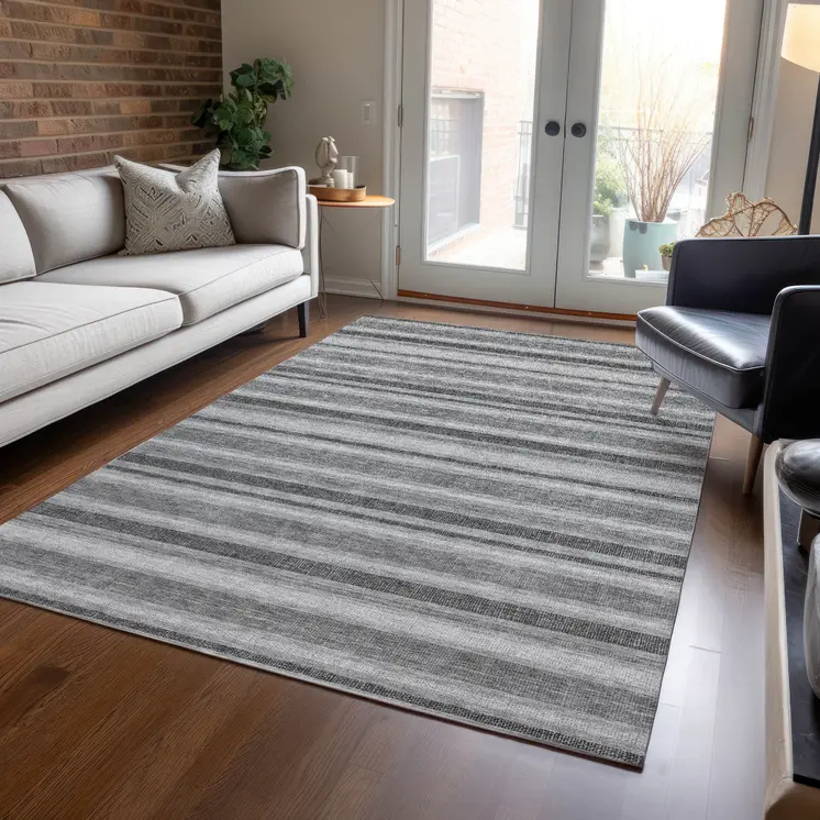 3' X 5' Gray and Black Striped Washable Non Skid Indoor Outdoor Area Rug