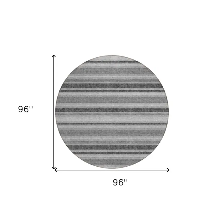 8' Round Gray and Black Round Striped Washable Non Skid Indoor Outdoor Area Rug