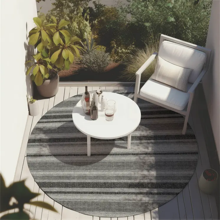 8' Round Gray and Black Round Striped Washable Non Skid Indoor Outdoor Area Rug