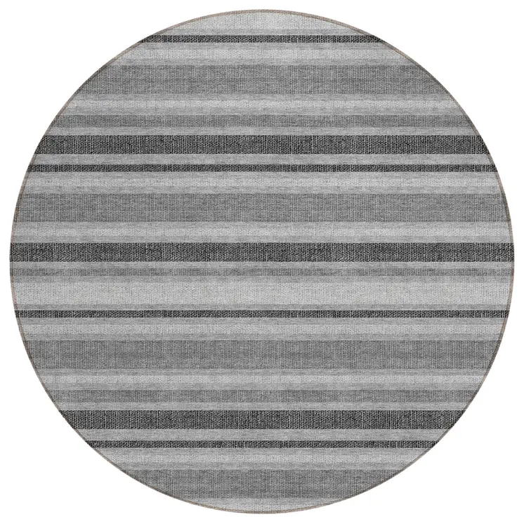 8' Round Gray and Black Round Striped Washable Non Skid Indoor Outdoor Area Rug