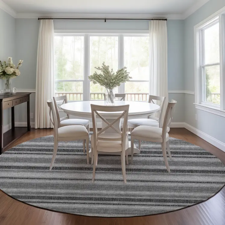 8' Round Gray and Black Round Striped Washable Non Skid Indoor Outdoor Area Rug