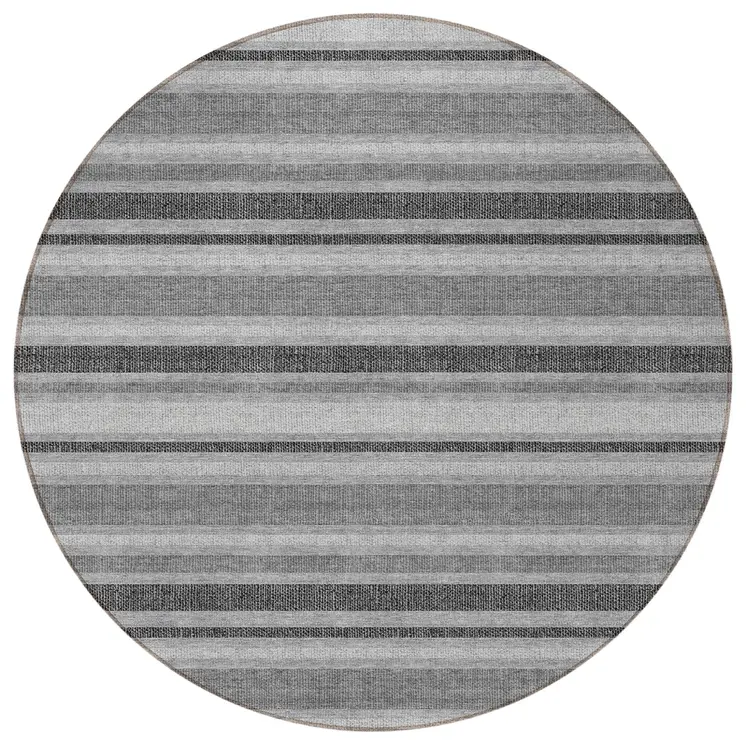 8' Round Gray and Black Round Striped Washable Non Skid Indoor Outdoor Area Rug