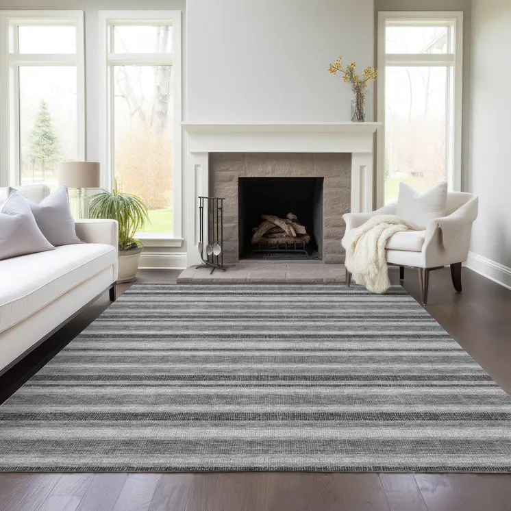 9' X 12' Gray and Black Striped Washable Indoor Outdoor Area Rug