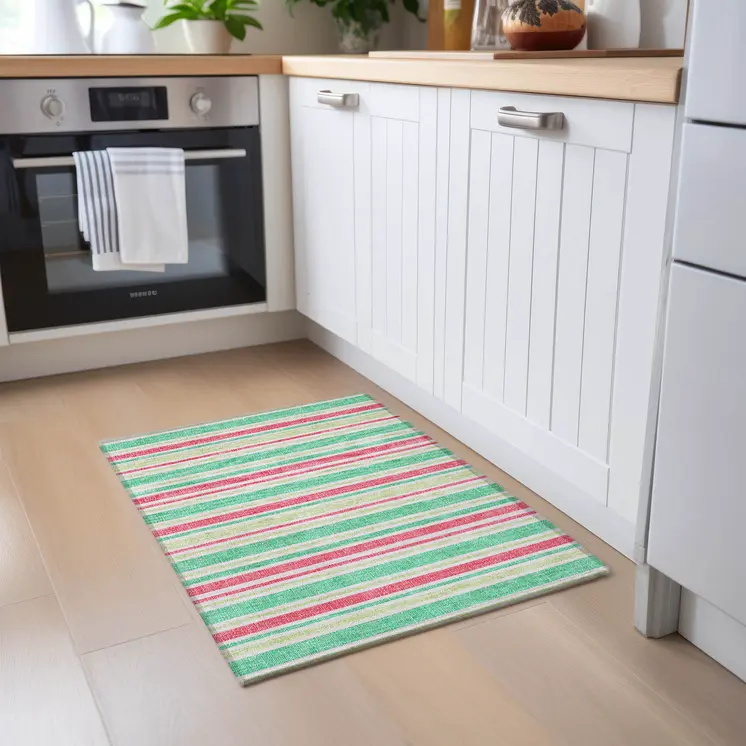 2' X 3' Green Striped Washable Non Skid Indoor Outdoor Area Rug