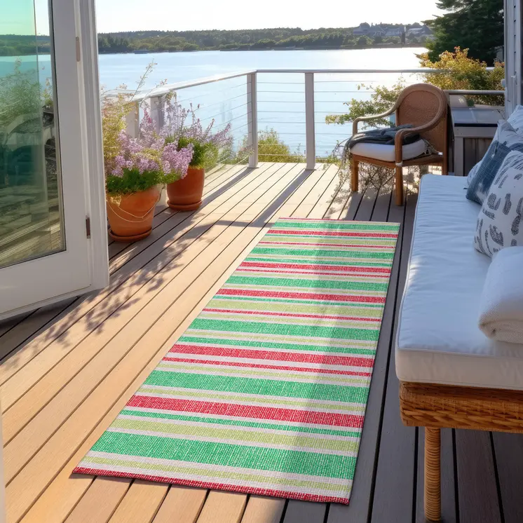 2' X 8' Red Green and White Striped Washable Non Skid Indoor Outdoor Area Rug