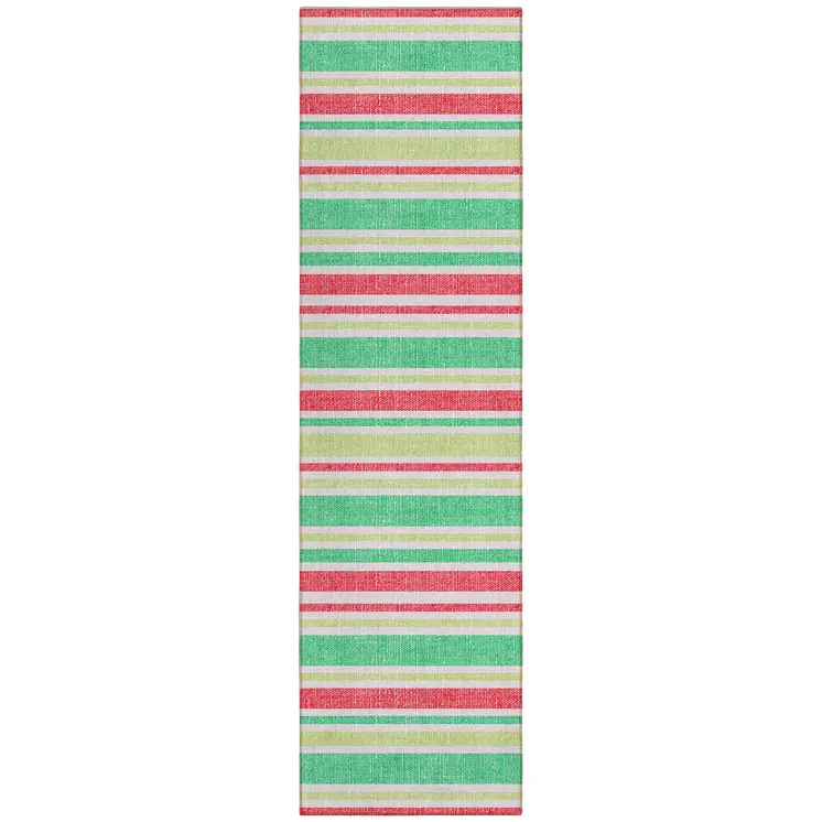 2' X 8' Red Green and White Striped Washable Non Skid Indoor Outdoor Area Rug