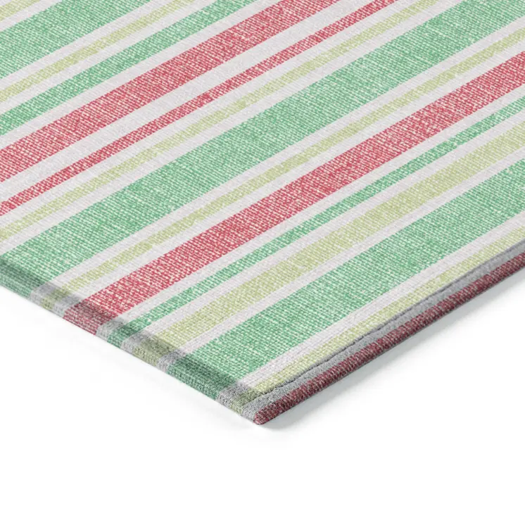 2' X 8' Red Green and White Striped Washable Non Skid Indoor Outdoor Area Rug