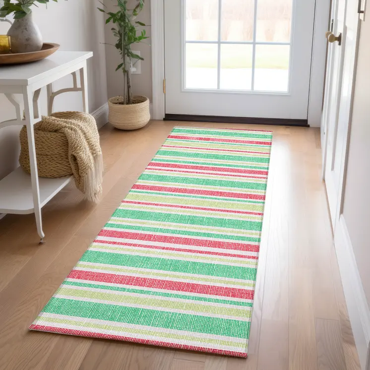 2' X 8' Red Green and White Striped Washable Non Skid Indoor Outdoor Area Rug