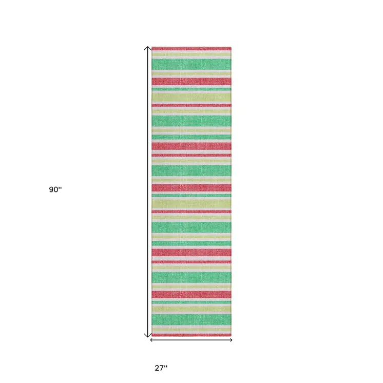 2' X 8' Red Green and White Striped Washable Non Skid Indoor Outdoor Area Rug