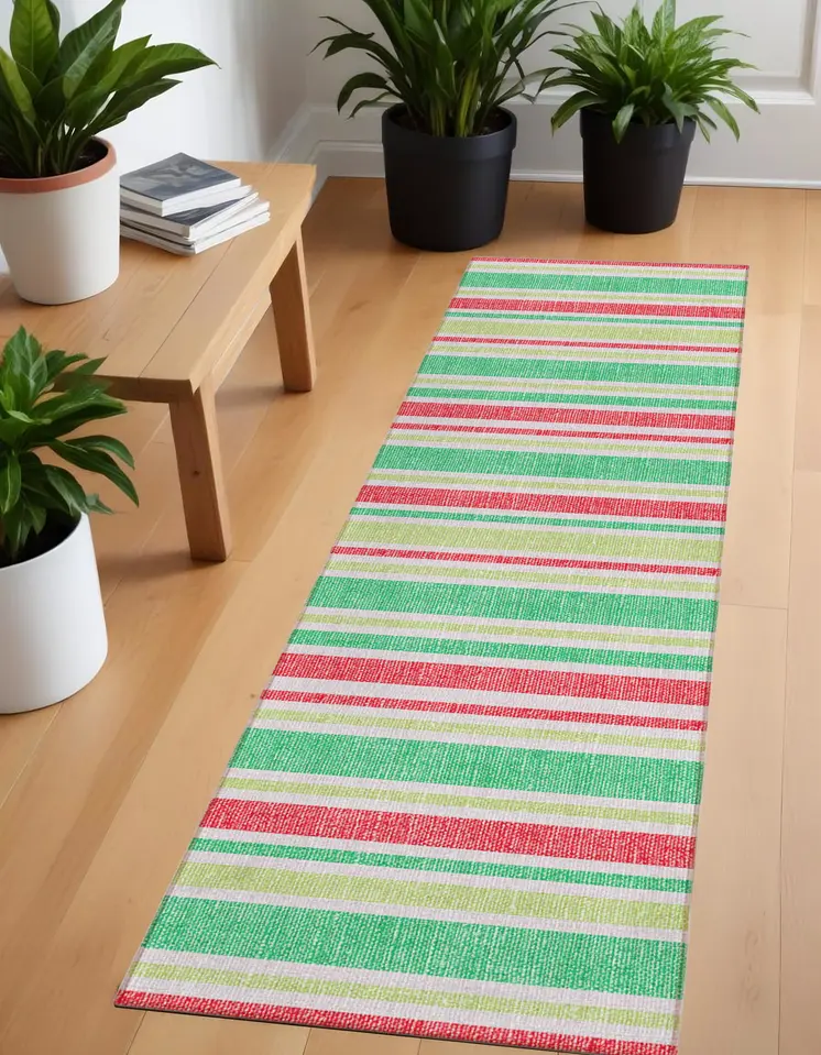 2' X 8' Red Green and White Striped Washable Non Skid Indoor Outdoor Area Rug