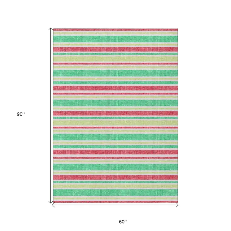 5' X 8' Green Striped Washable Non Skid Indoor Outdoor Area Rug