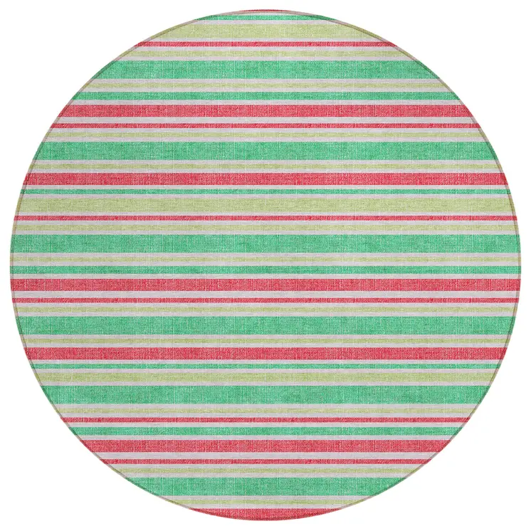 8' Round Green Round Striped Washable Non Skid Indoor Outdoor Area Rug