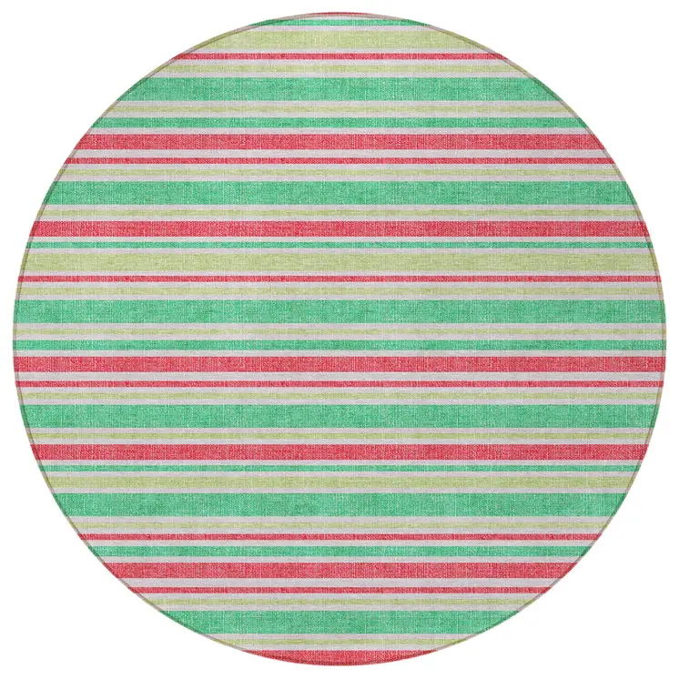 8' Round Green Round Striped Washable Non Skid Indoor Outdoor Area Rug
