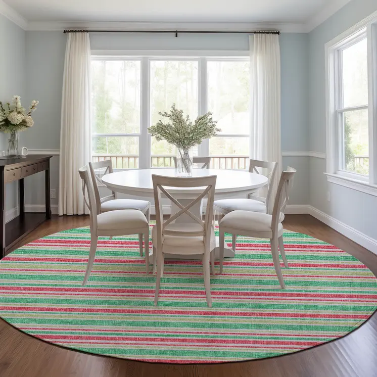 8' Round Green Round Striped Washable Non Skid Indoor Outdoor Area Rug