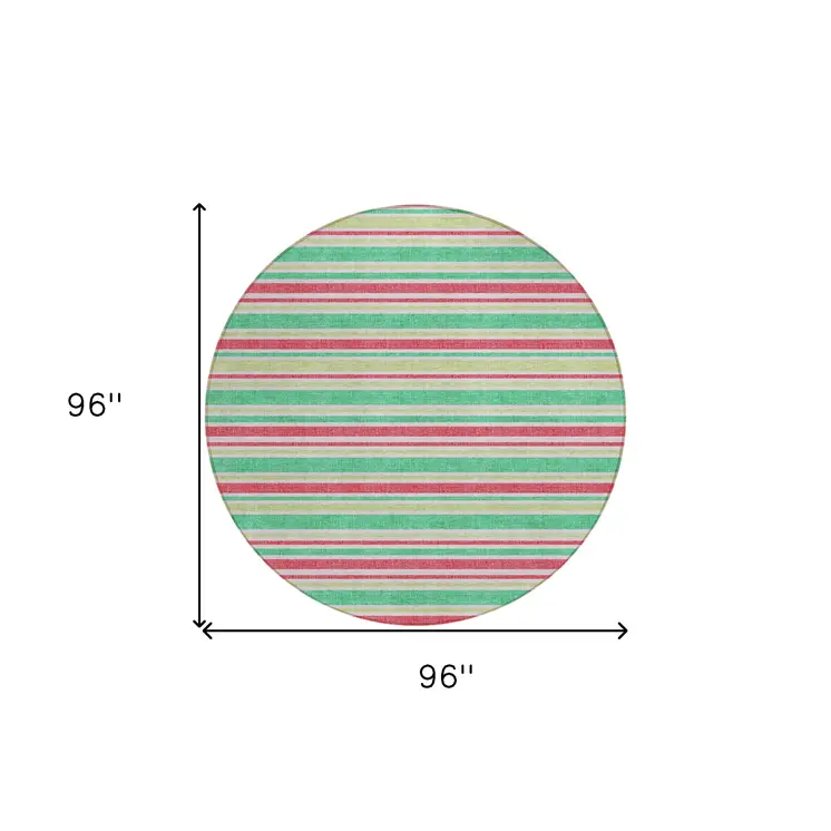 8' Round Green Round Striped Washable Non Skid Indoor Outdoor Area Rug
