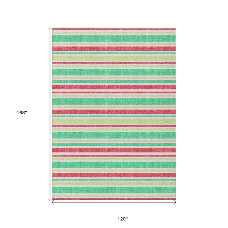 10' X 14' Green Striped Washable Non Skid Indoor Outdoor Area Rug