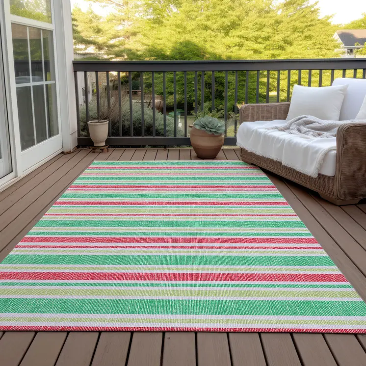 10' X 14' Green Striped Washable Non Skid Indoor Outdoor Area Rug