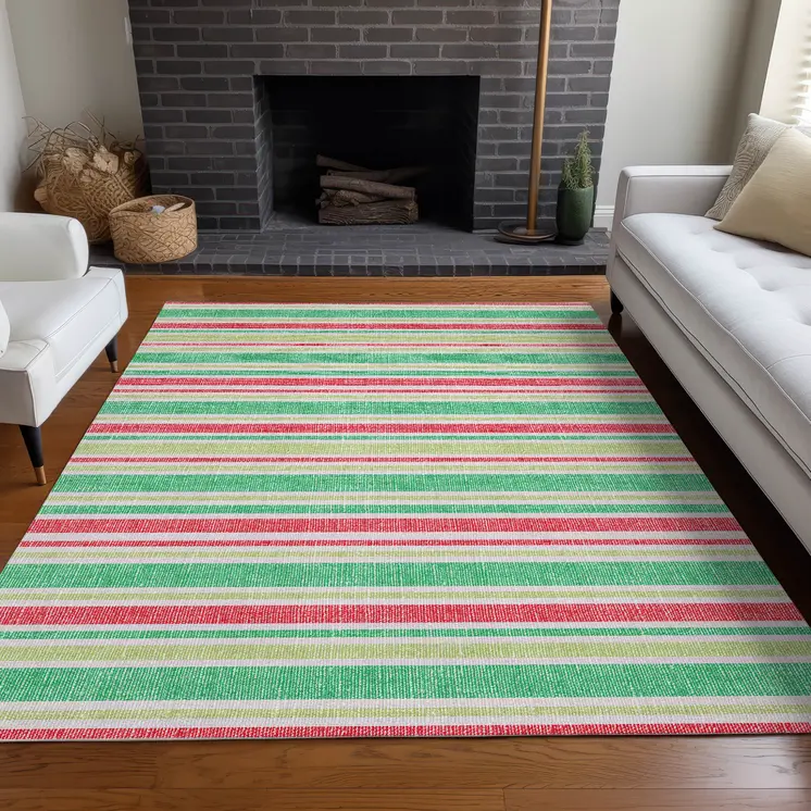 10' X 14' Green Striped Washable Non Skid Indoor Outdoor Area Rug
