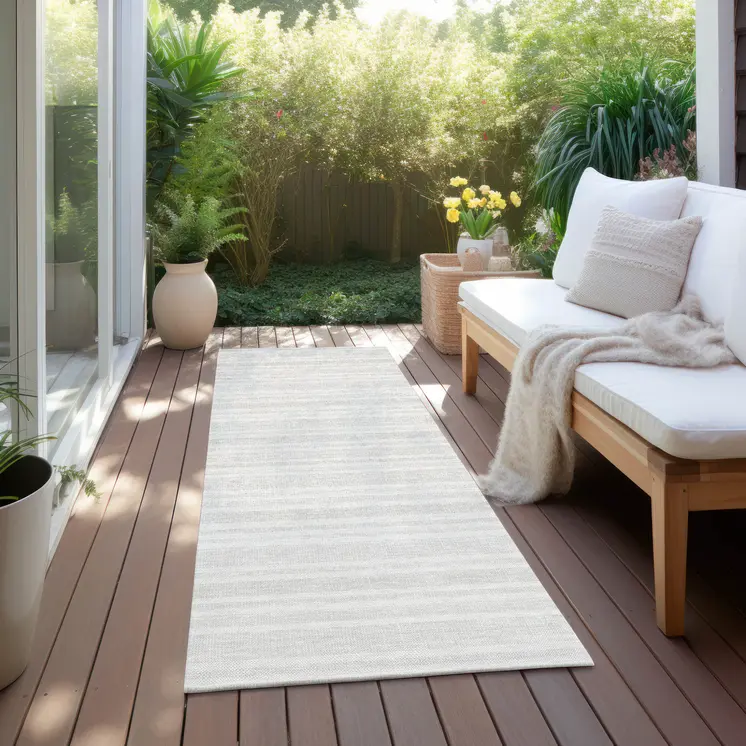 2' X 8' Ivory Striped Washable Indoor Outdoor Runner Rug