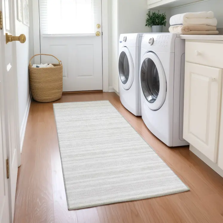 2' X 8' Ivory Striped Washable Indoor Outdoor Runner Rug