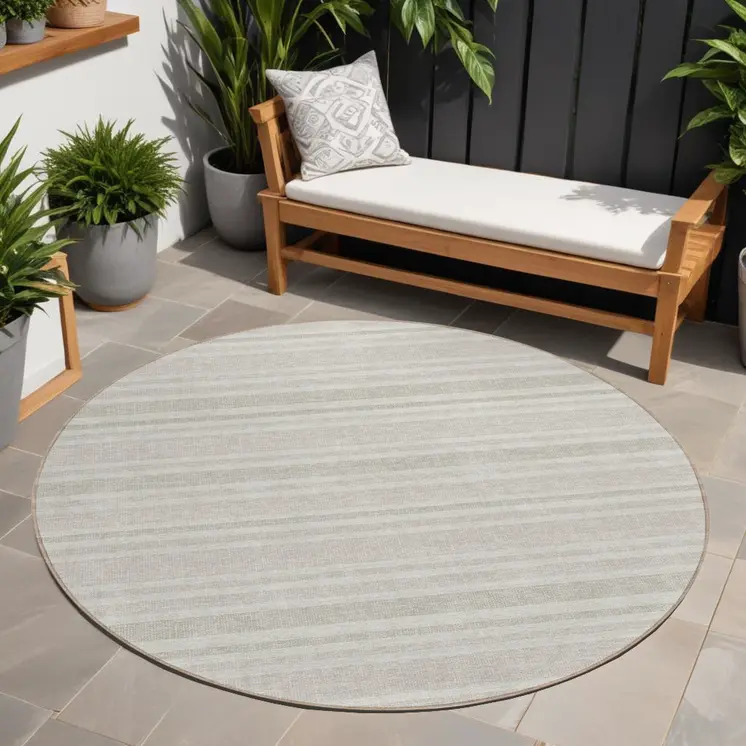 8' X 8' Ivory Round Striped Washable Indoor Outdoor Area Rug