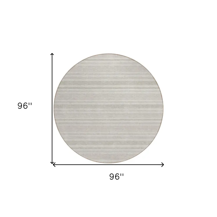 8' X 8' Ivory Round Striped Washable Indoor Outdoor Area Rug