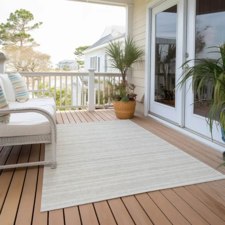 8' X 10' Ivory Striped Washable Indoor Outdoor Area Rug