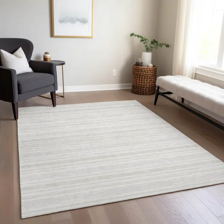 9' X 12' Ivory Striped Washable Indoor Outdoor Area Rug