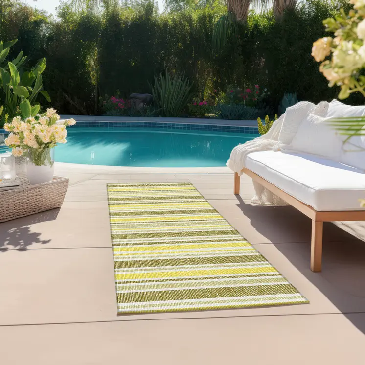 2' X 8' Khaki Yellow and Gray Striped Washable Non Skid Indoor Outdoor Runner Rug