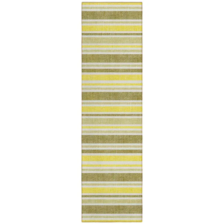 2' X 8' Khaki Yellow and Gray Striped Washable Non Skid Indoor Outdoor Runner Rug