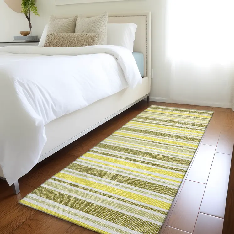 2' X 8' Khaki Yellow and Gray Striped Washable Non Skid Indoor Outdoor Runner Rug
