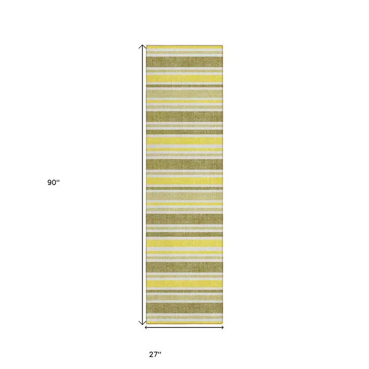 2' X 8' Khaki Yellow and Gray Striped Washable Non Skid Indoor Outdoor Runner Rug