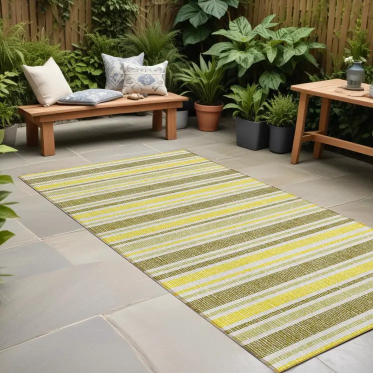 2' X 8' Khaki Yellow and Gray Striped Washable Non Skid Indoor Outdoor Runner Rug