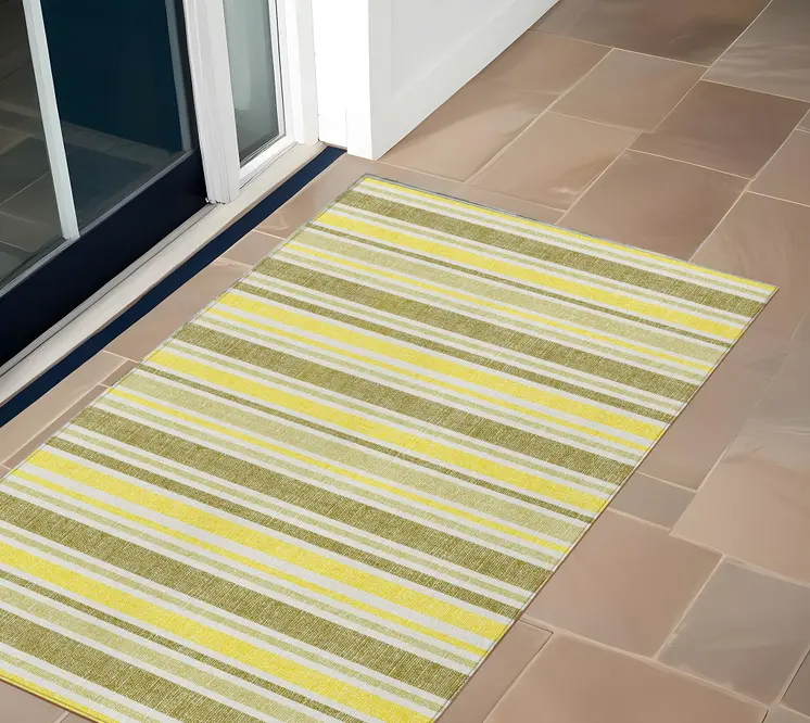 3' X 5' Khaki Yellow and Gray Striped Washable Non Skid Indoor Outdoor Area Rug