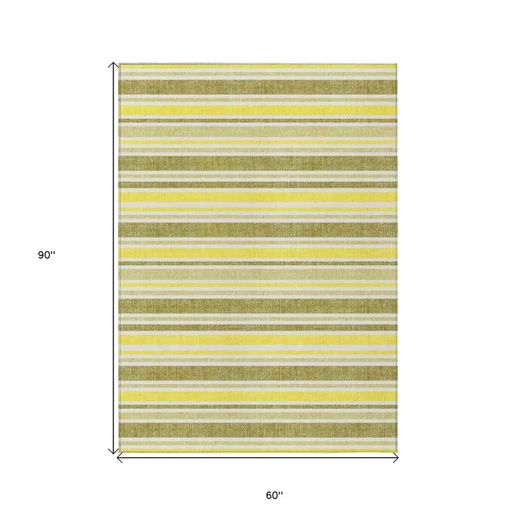 5' X 8' Khaki Yellow and Gray Striped Washable Non Skid Indoor Outdoor Area Rug