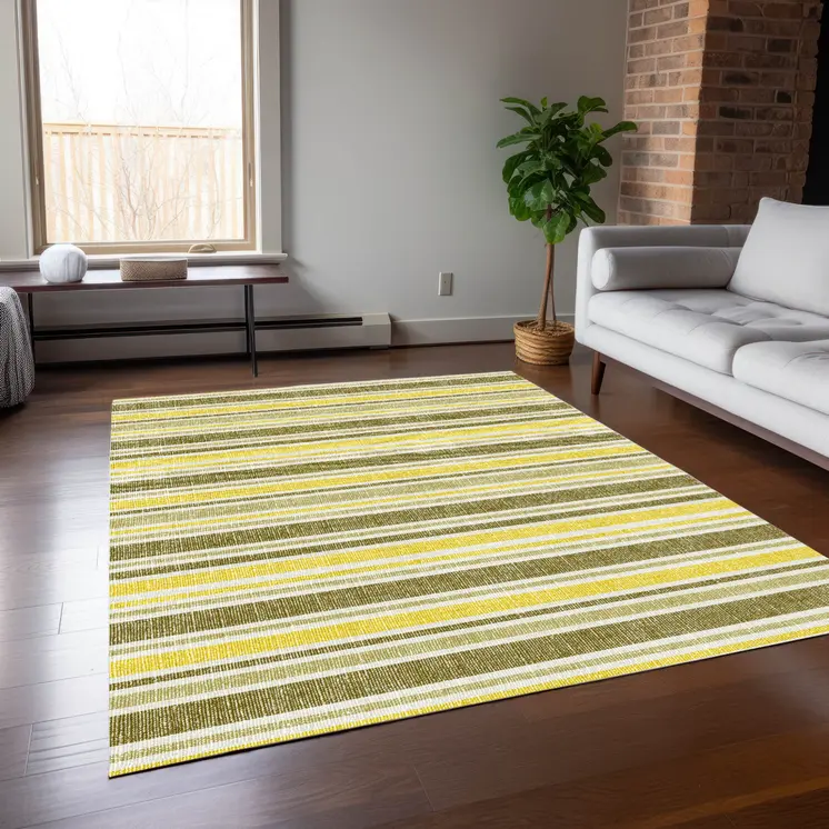 5' X 8' Khaki Yellow and Gray Striped Washable Non Skid Indoor Outdoor Area Rug