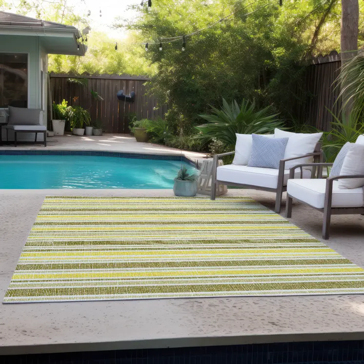 5' X 8' Khaki Yellow and Gray Striped Washable Non Skid Indoor Outdoor Area Rug