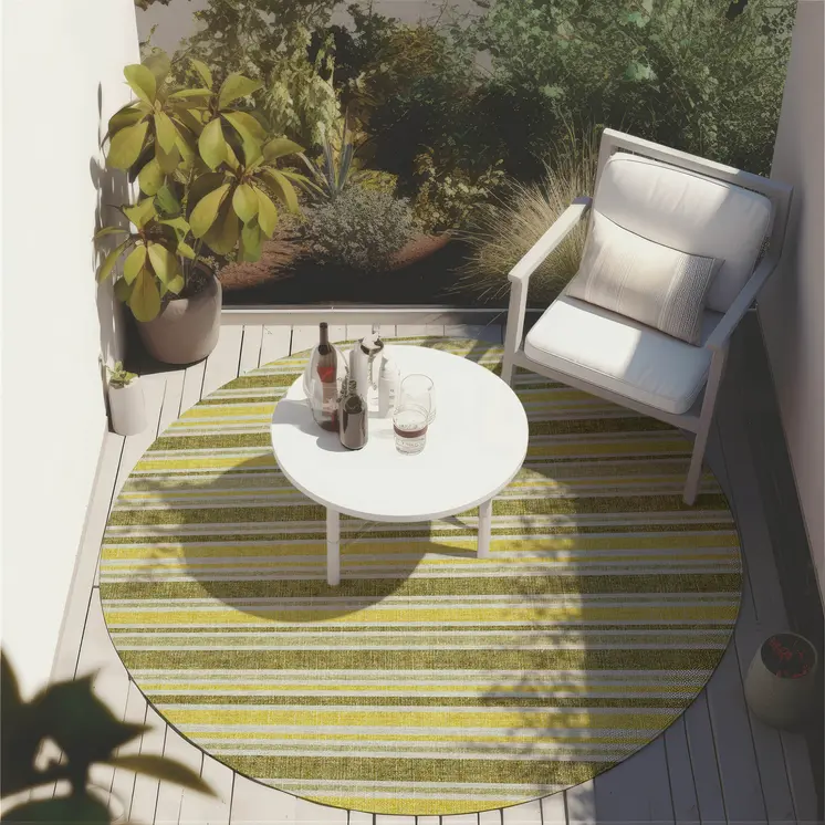 8' X 8' Khaki Yellow and Gray Round Striped Washable Non Skid Indoor Outdoor Area Rug