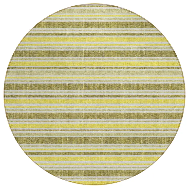 8' X 8' Khaki Yellow and Gray Round Striped Washable Non Skid Indoor Outdoor Area Rug