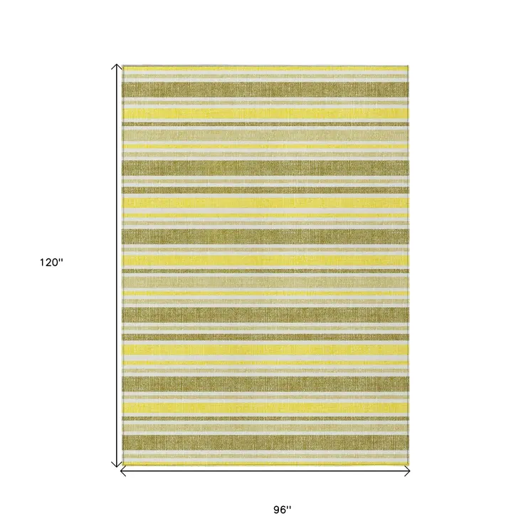 8' X 10' Khaki Yellow and Gray Striped Washable Non Skid Indoor Outdoor Area Rug