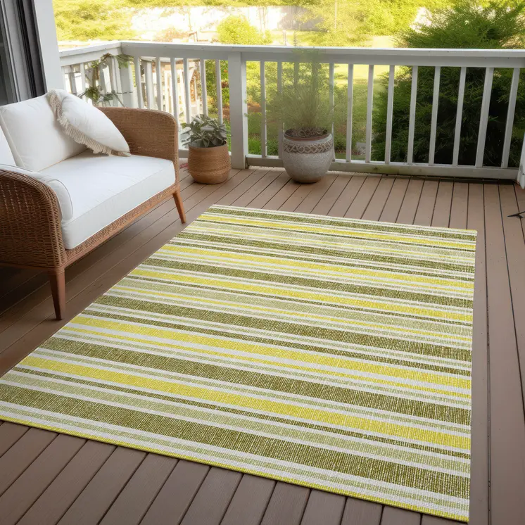 8' X 10' Khaki Yellow and Gray Striped Washable Non Skid Indoor Outdoor Area Rug