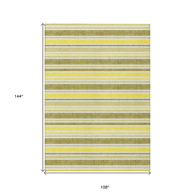 9' X 12' Khaki Yellow and Gray Striped Washable Non Skid Indoor Outdoor Area Rug